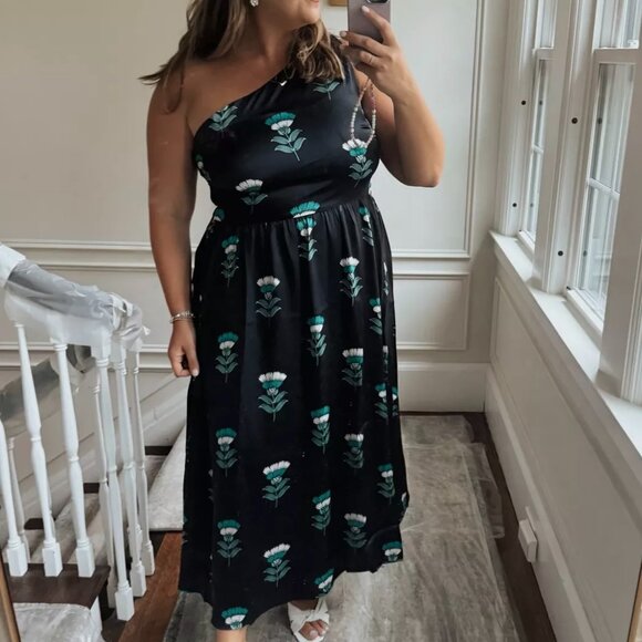 Ann Taylor Silk Navy Floral One Shoulder Dress - Picture 2 of 8